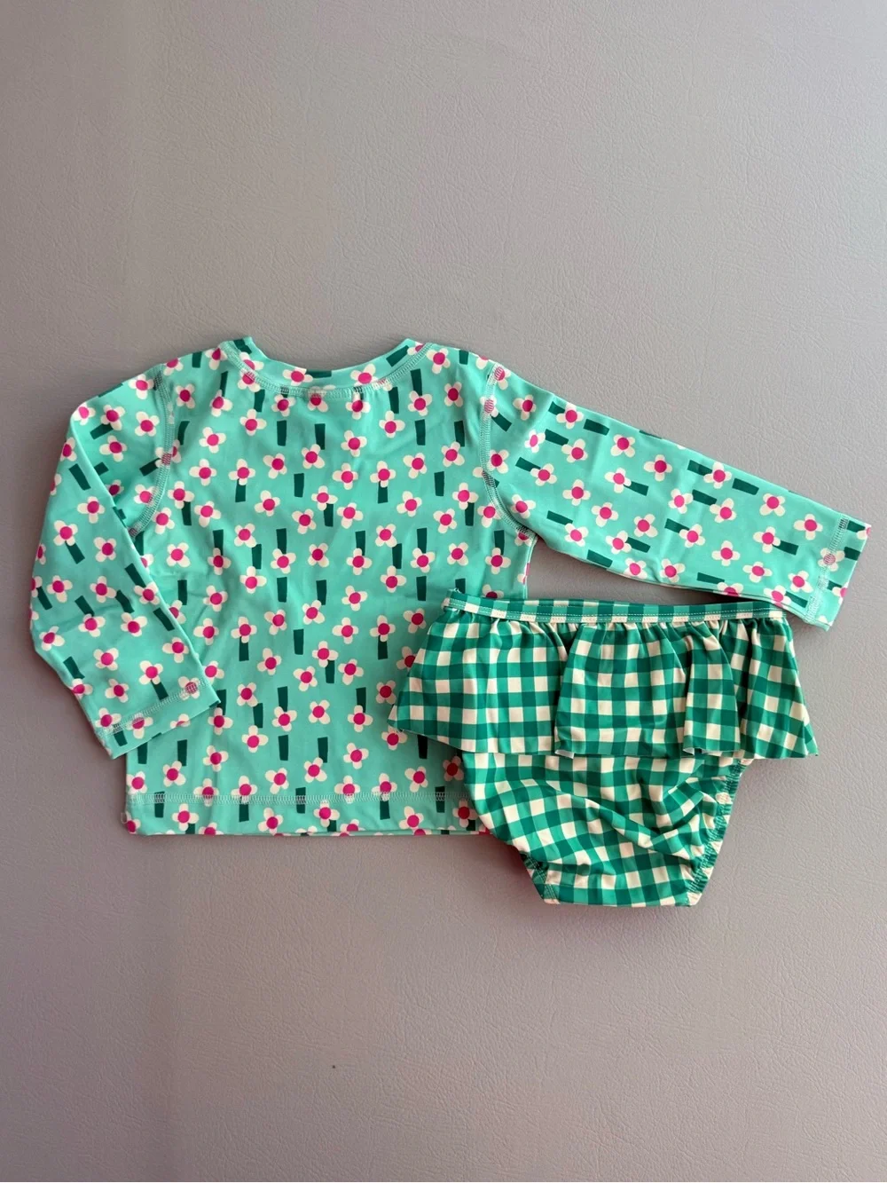 Hanna Andersson Rashguard & Skirted Bikini Bottoms Set Flowers on Green 2T - New